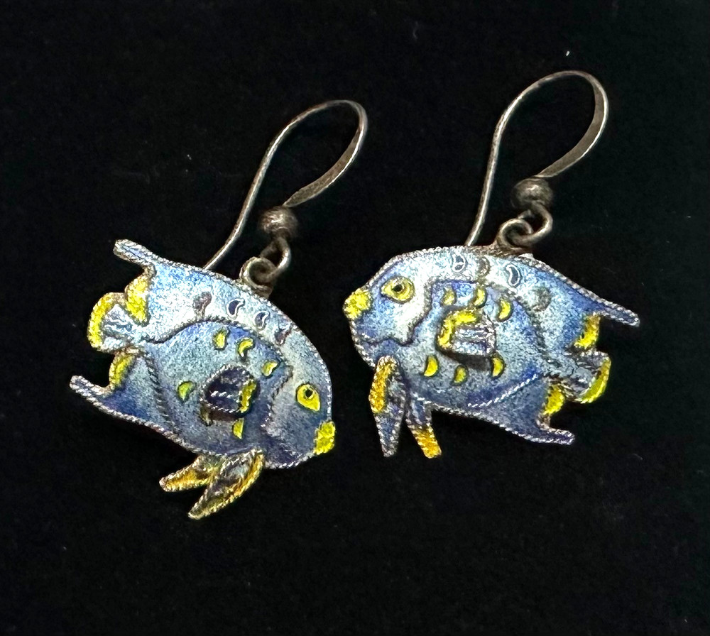 Vintage Enamel Fish Earrings MARKED 925 Sterling Silver Jewelry Lot H