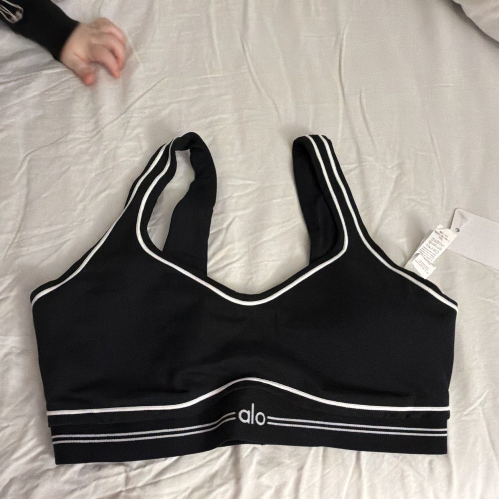 ALO Yoga Women’s Black/White Racerback Sports Bra Padded Medium Support S