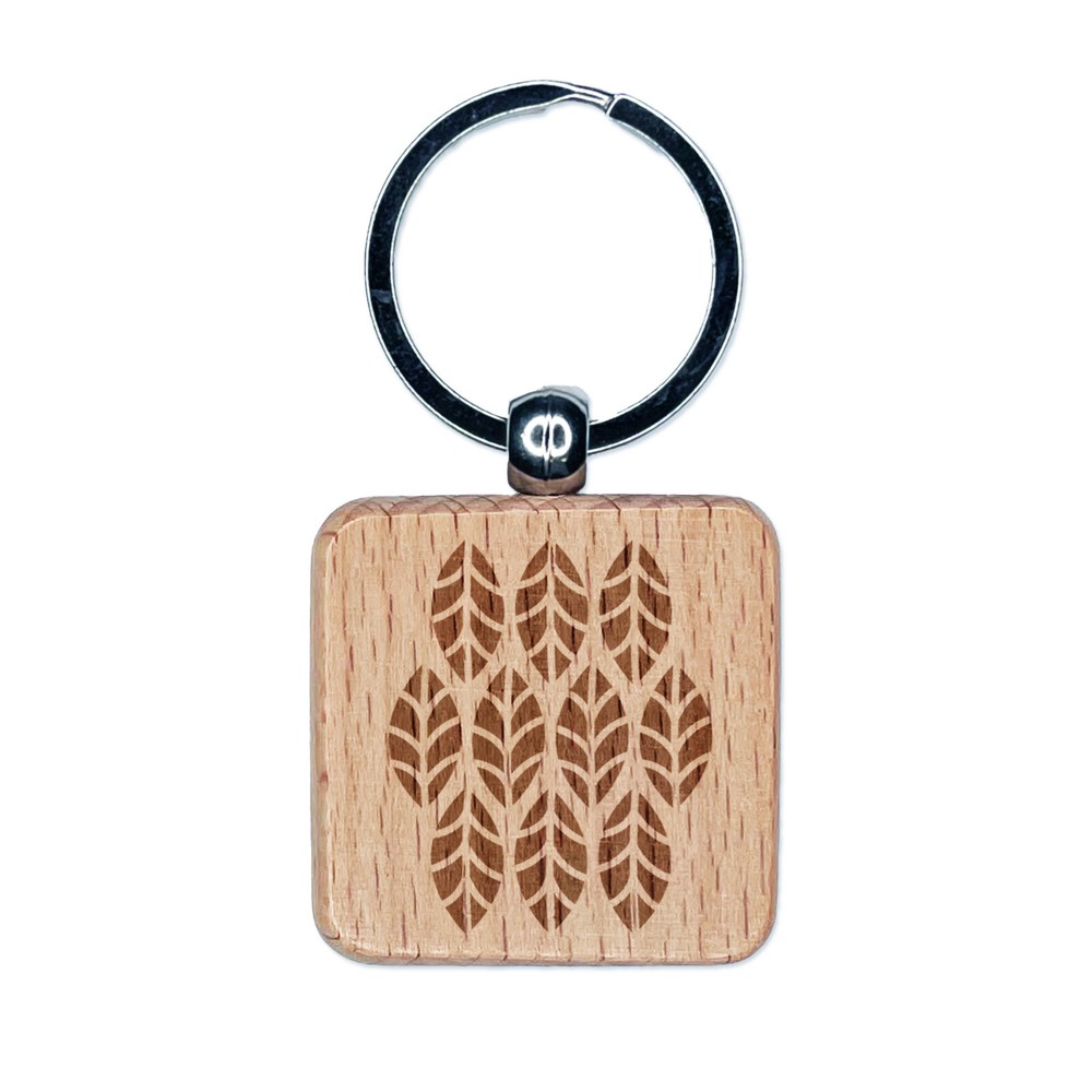 Leaf Pattern Engraved Wood Square Keychain Tag Charm
