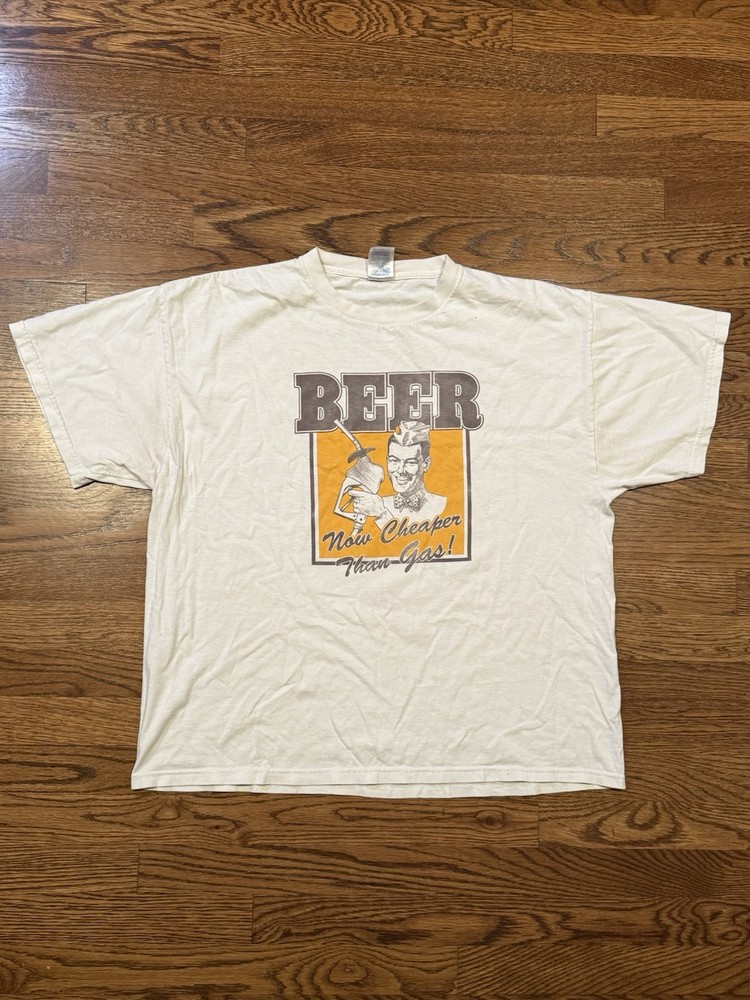Vintage Beer Graphic T-Shirt “Beer Now Cheaper Than Gas!” – XL Humor Tee