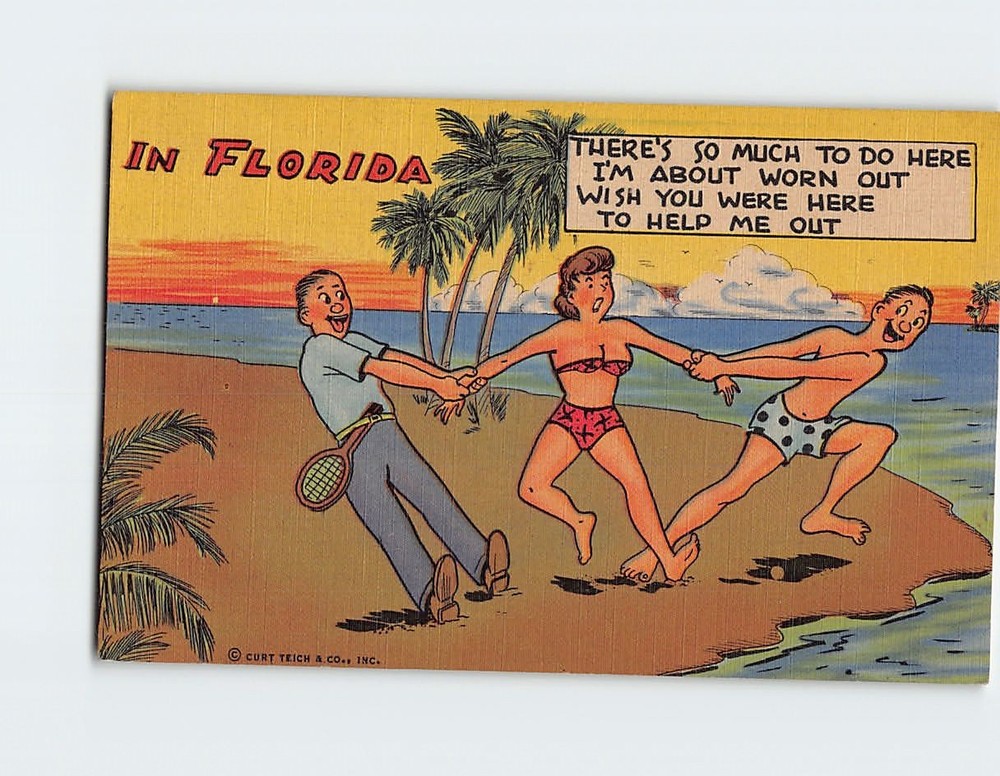 Postcard Florida Curt Teich Tropical Comics Vintage Beach Scene Humor Linen