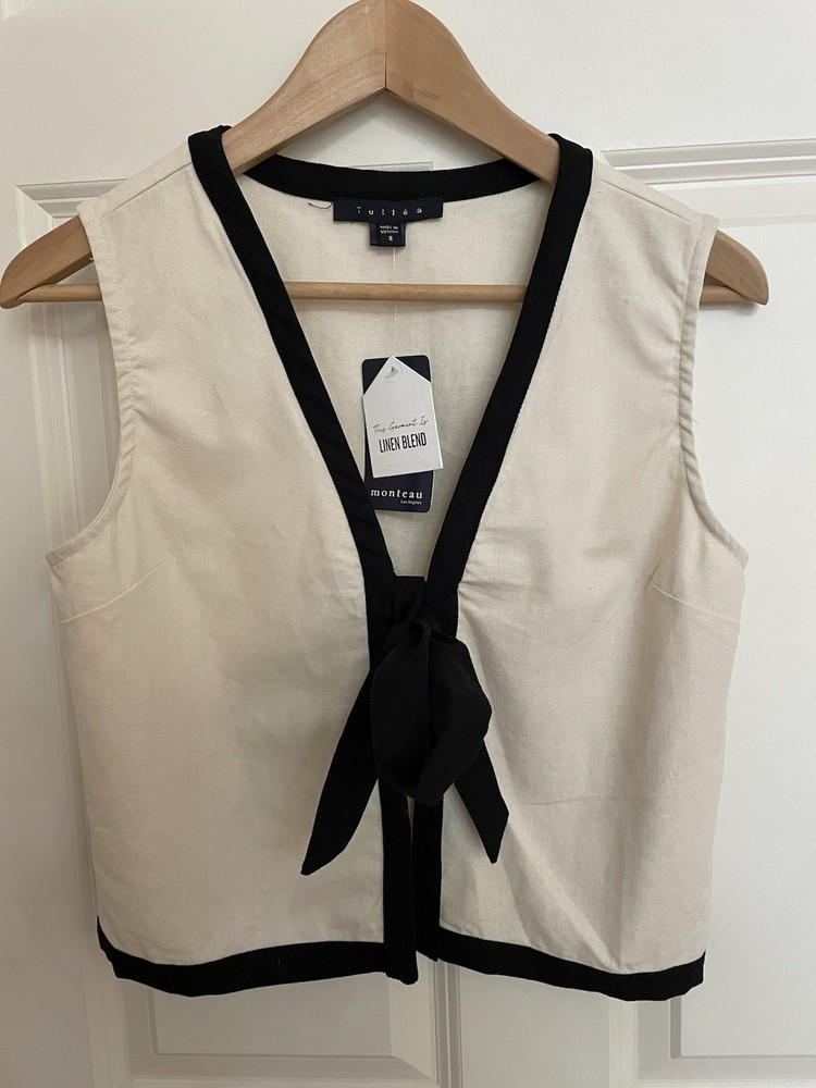 Tullea Tie Front Top Vest Sleeveless Sz S Minimal Linen Blend Resort Vacation