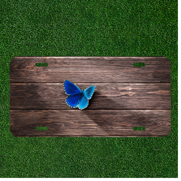 Custom Personalized Auto Tag With Blue Butterfly On Wooden Pattern Design