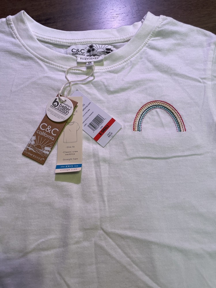 C&C California XS Women T Shirt Top White Rainbow Embroidered Short Sleeve