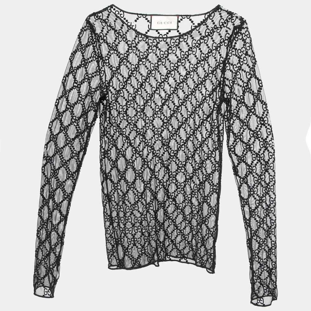 Gucci Black GG Embroidered Tulle Long Sleeve Sheer Top S