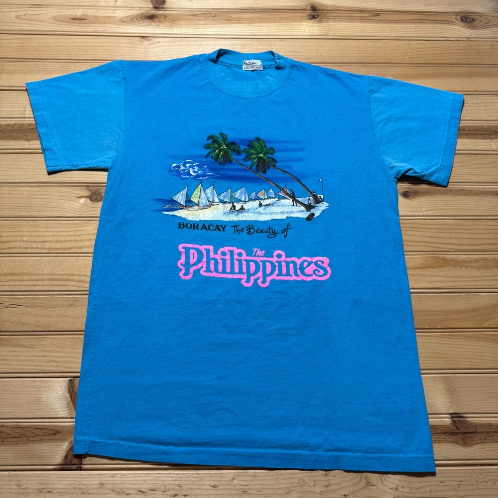 Vintage 80s Boracay Philippines Beach Tropical Travel Graphic T-Shirt Large