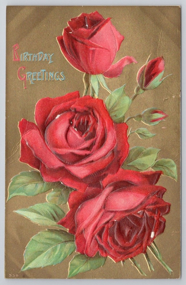 Vintage Embossed Birthday Greetings Postcard Red Roses Floral Gold Early 1900s