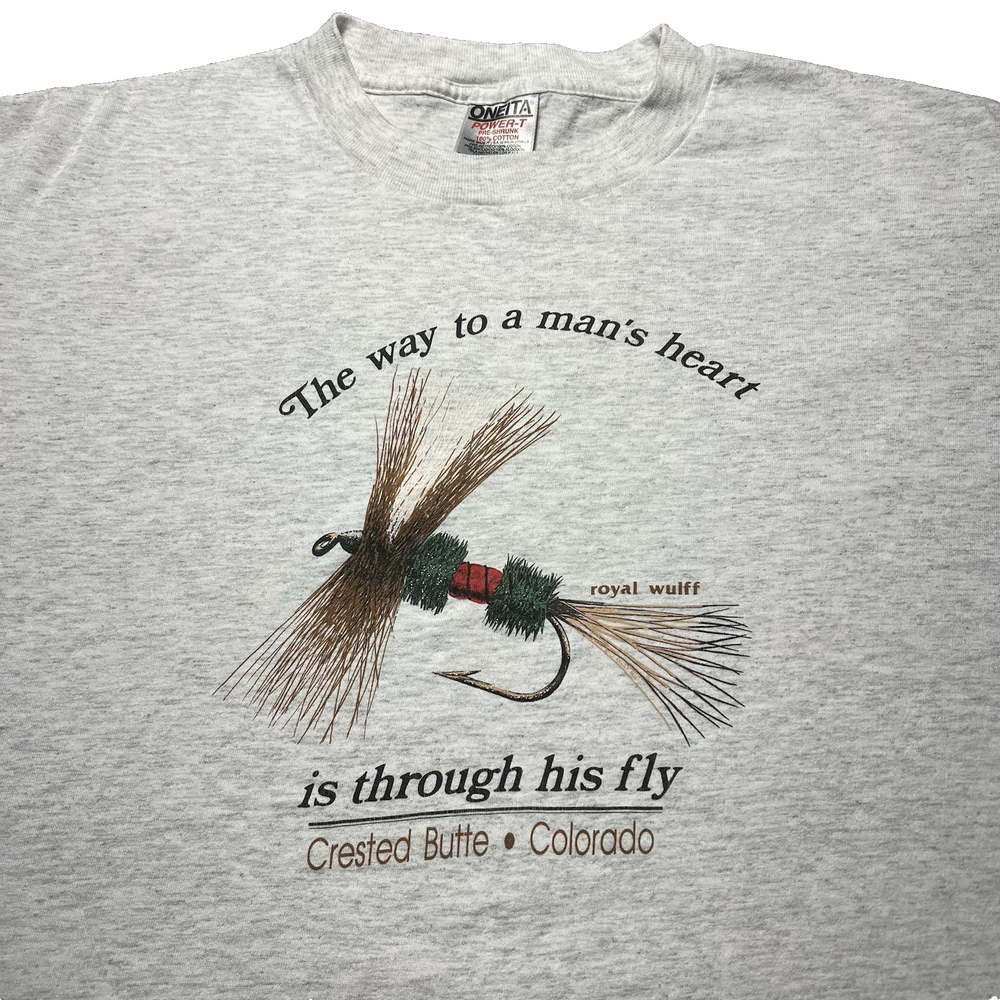 Vintage 90s Funny Fly Fishing T Shirt Mens XL Single Stitch Oneita Adult Humor