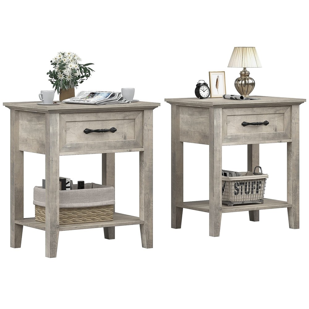 Grey Nightstands Set of 2 with Drawers, Modern Side Tables for Bedroom or Living Space