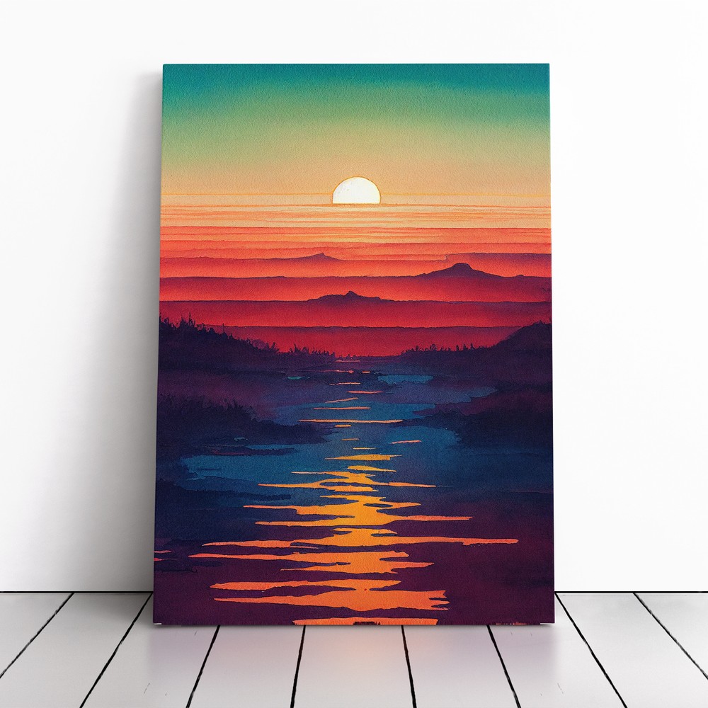 Sunset Over Mountains No.3 Canvas Wall Art Print Framed Picture Dining Room