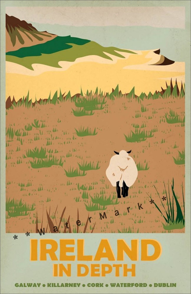 Vintage Irish Travel Poster Print of Sheep in Meadow Wall Art  