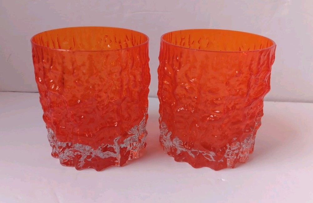 Set of Two Whitefriars Treebark Texture Rocks/Whiskey Glasses Orange MCM Barware