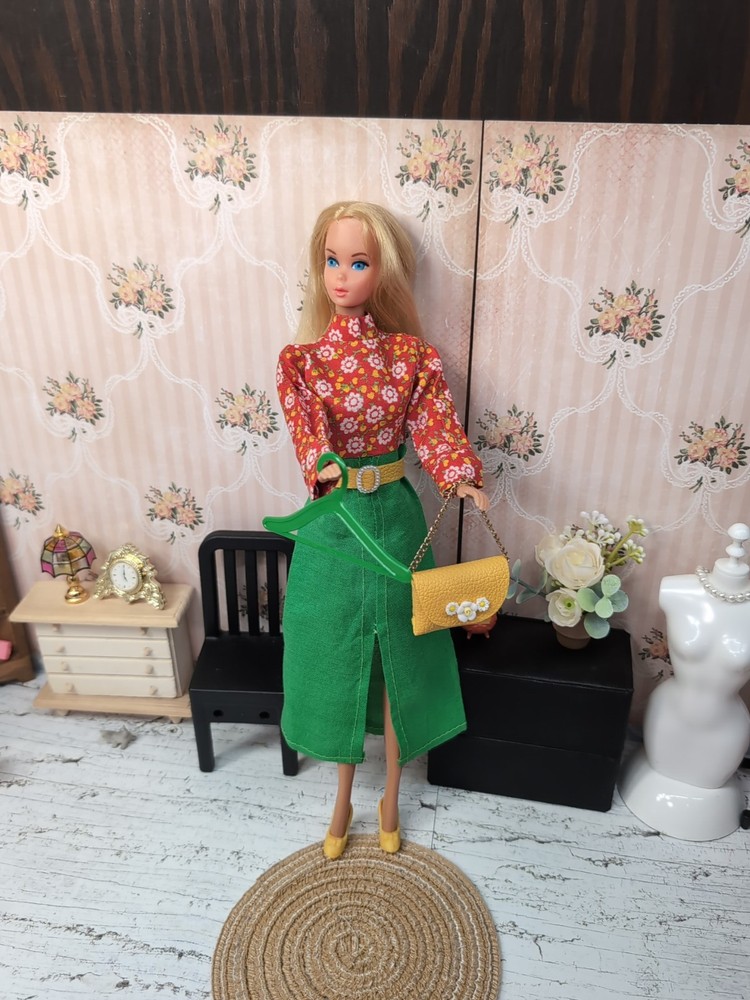 Vintage Barbie Clone Outfit - 1970's Dress, Custom Belt & Purse, Pumps, Hanger