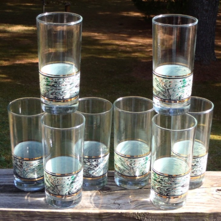 Set of 8 Anchor Hocking 1988 RETRO MARBLED Pattern 16Oz HIGHBALL TUMBLER GLASSES