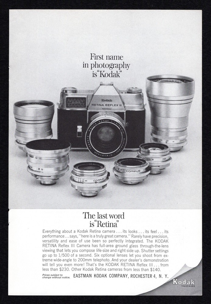 1963 Eastman Kodak Retina Reflex III Camera Photography Optional Lenses Print Ad