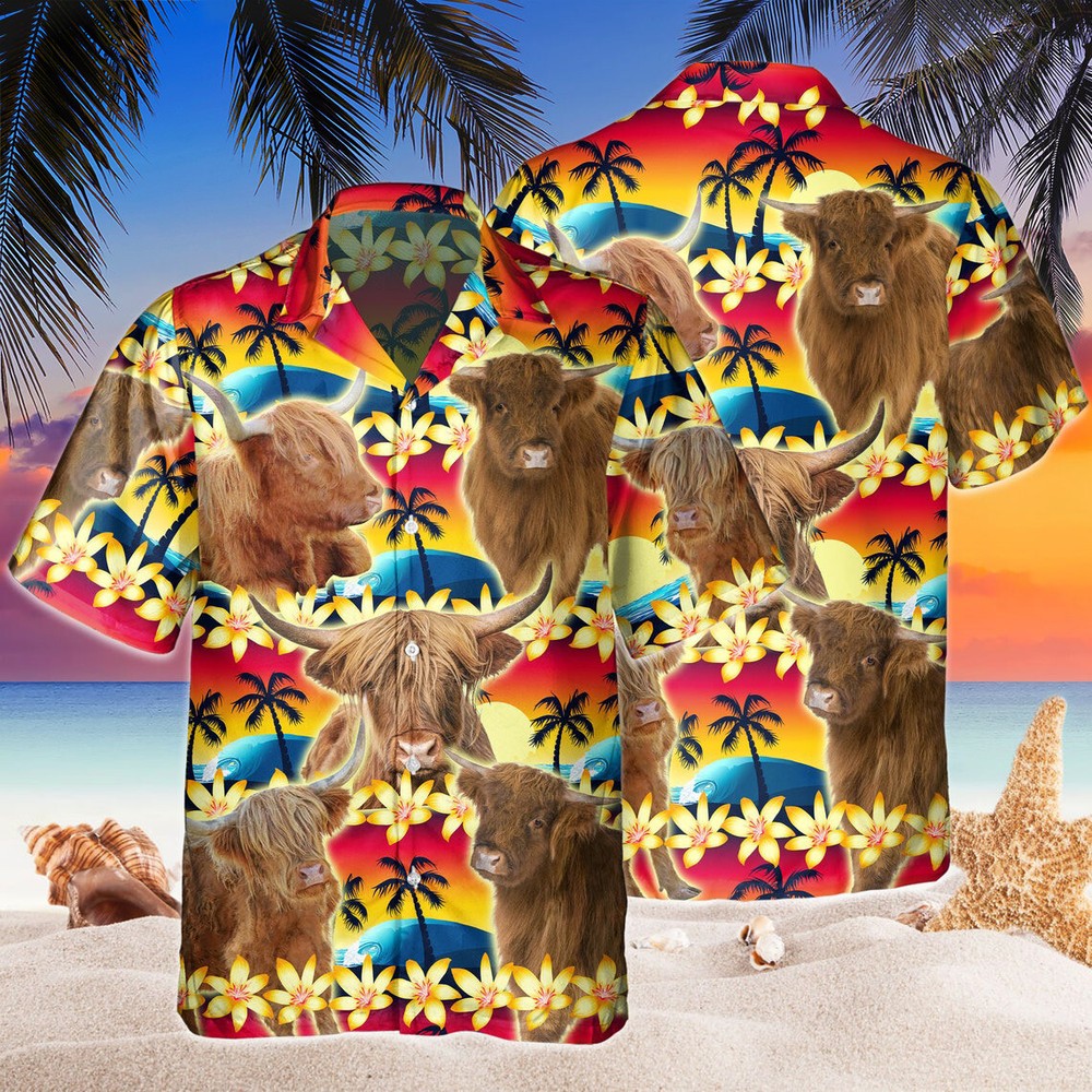 Vintage Highland Tropical Sunset Hibiscus And Palm Tree 3D Hawaiian Shirt HO5369