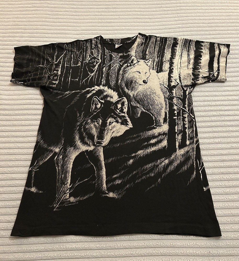 Vintage 90's Wolf All Over Print T Shirt Sz XL AOP Wildlife Fruit Of The Loom
