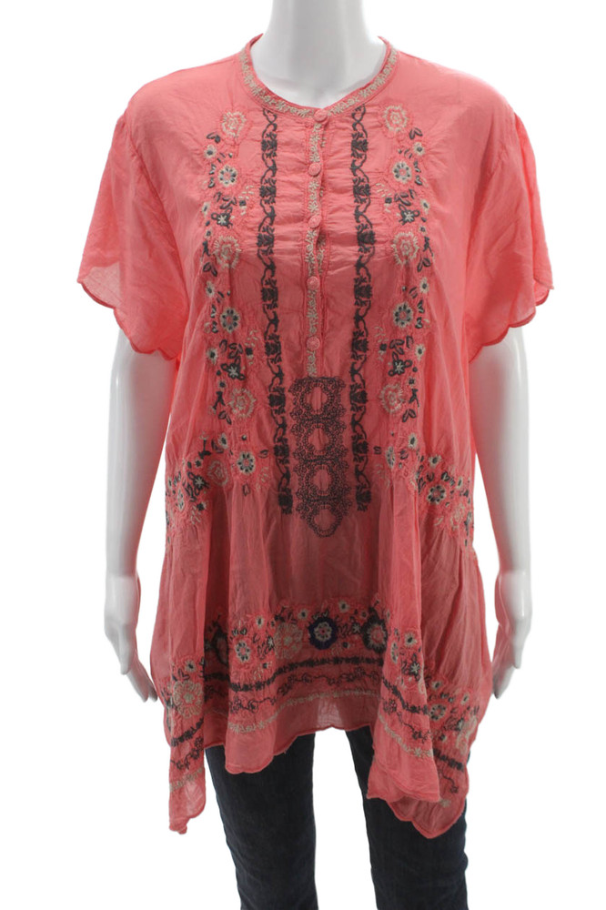 Johnny Was Womens Pink Floral Cotton Henley Tunic Short Sleeve Button Size XLFree Shipping in US $100+ Orders | $6.95 Orders Below