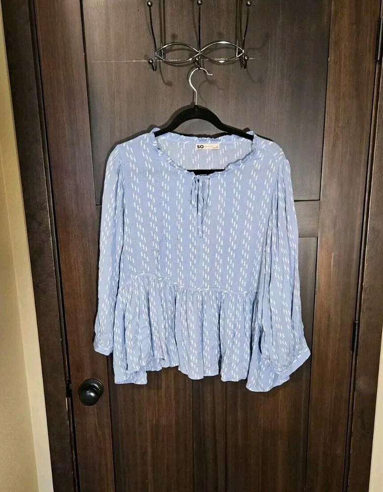 NEW Women's Light Blue Boho Long Sleeve Tunic Top Lightweight Blouse Size XL