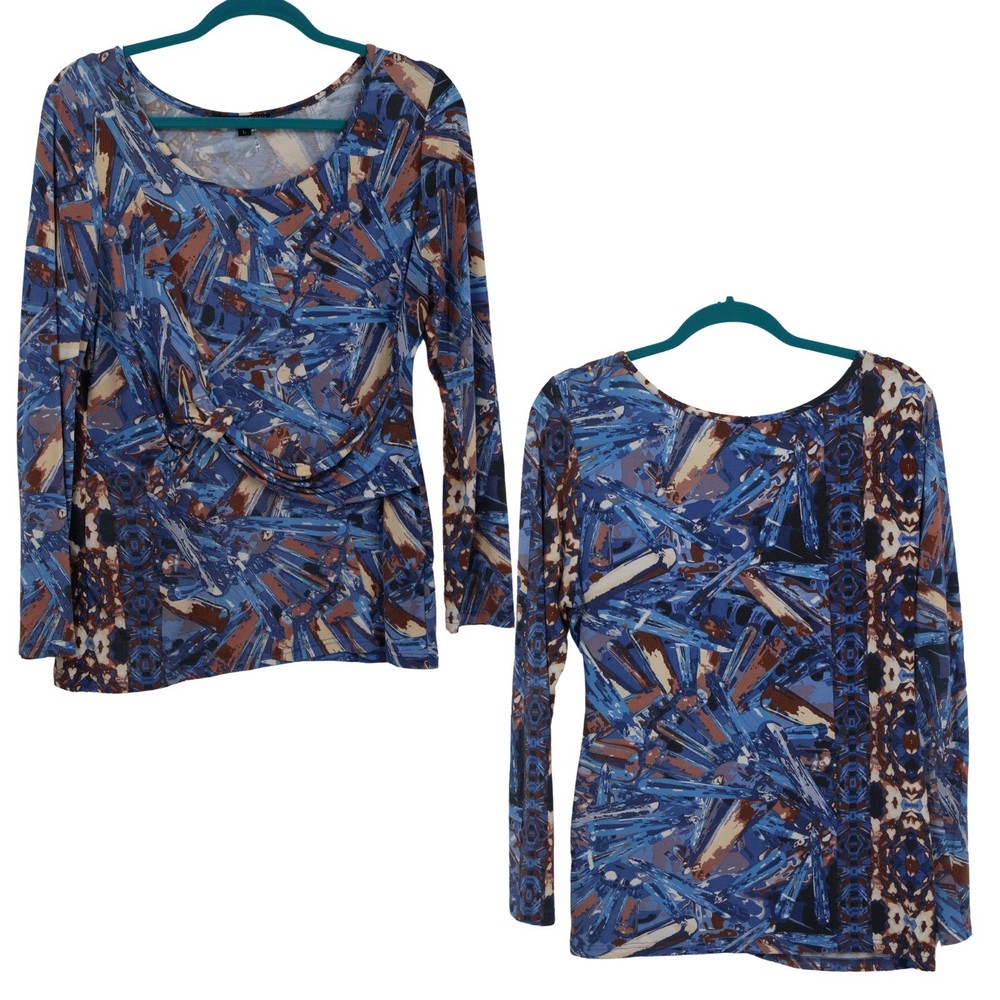 Alberto Makali Abstract Top Womens L Blue Mixed Print Boho Maximalist Artsy