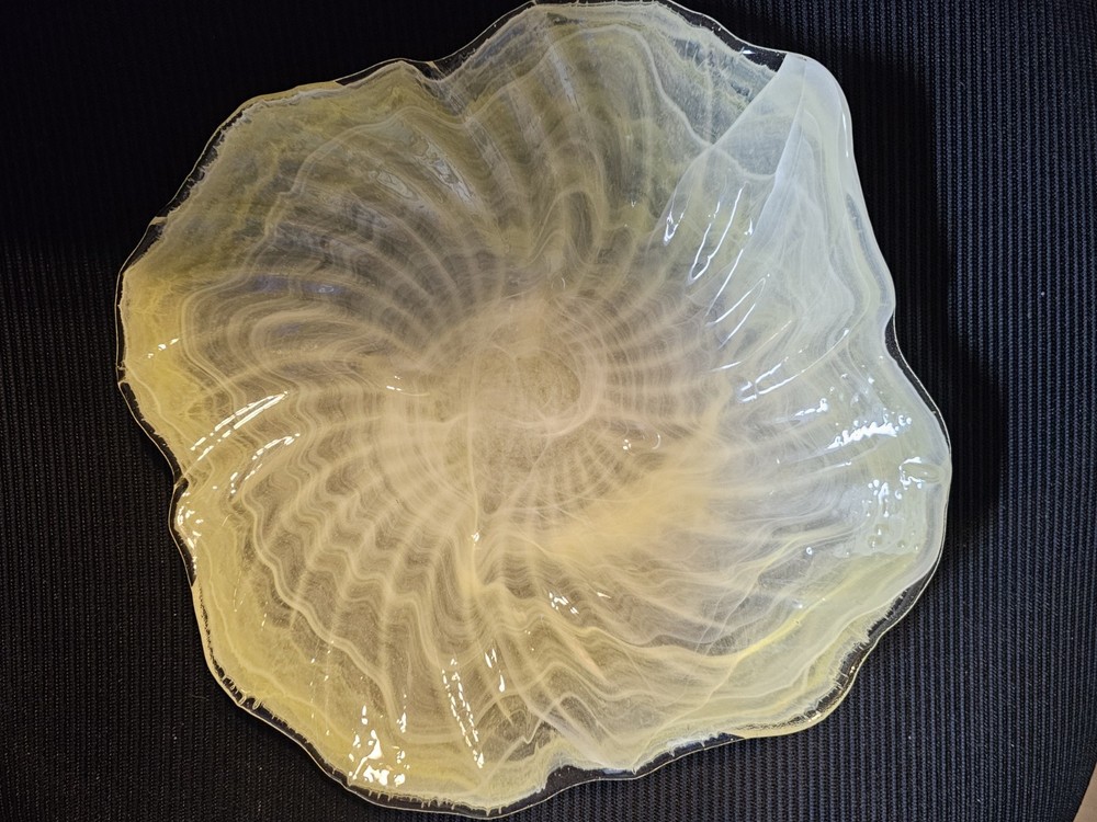 Vintage Hand Blown Art Glass Bowl Yellow Swirl Murano Style Freeform 10” Decor
