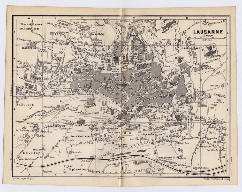 1887 Original Antique City Map Of Lausanne / Switzerland