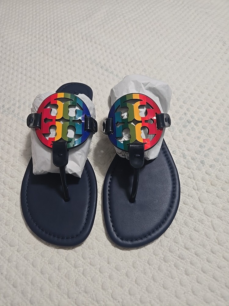 New Tory Burch Miller Size 8.5 Navy/Rainbow Leather Sandals