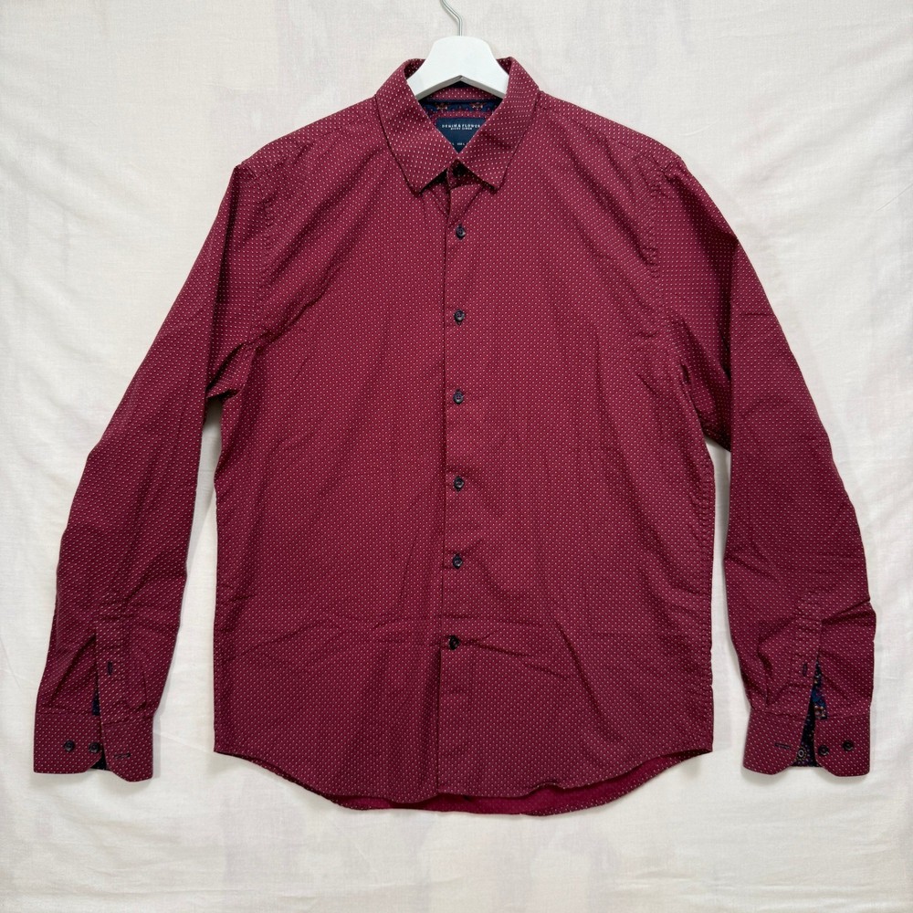 Denim & Flower Button Down Mens L Burgundy Ricky Singh Micro Print Long Sleeve