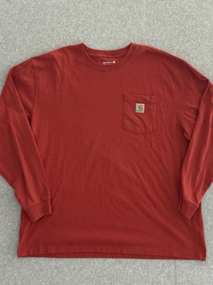 Carhartt Long Sleeve Shirt Orange Red Pocket Tee Workwear Loose Fit Men’s XL
