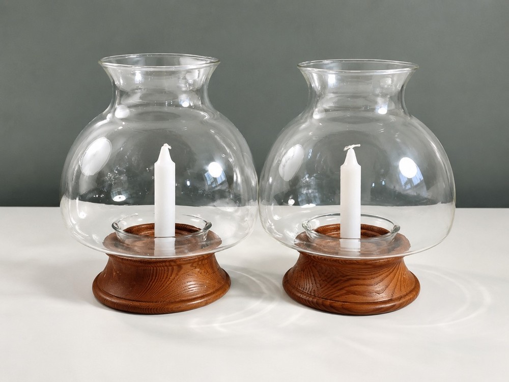Vintage Hurricane Candle Holders Pair Clear Glass Shades Wood Bases Farmhouse...