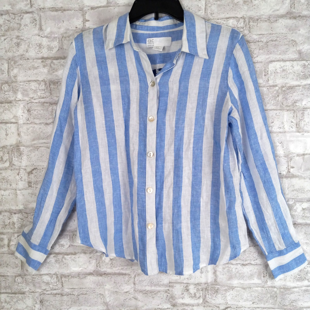 C & C California Striped Linen Top Womens Small Blue White Beachy Coastal NEW