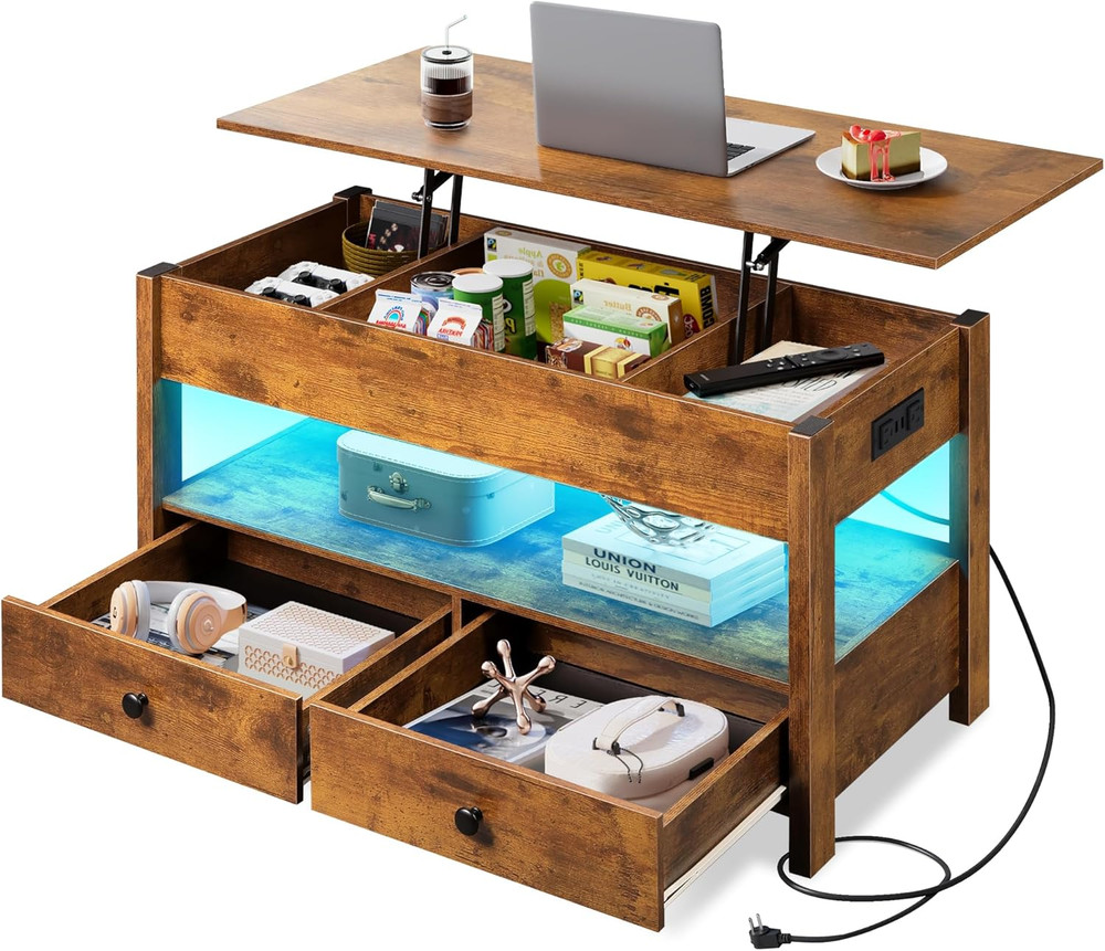 Coffee Table, Lift Top Coffee Table with 2 Drawers, LED Light, Large Storage And