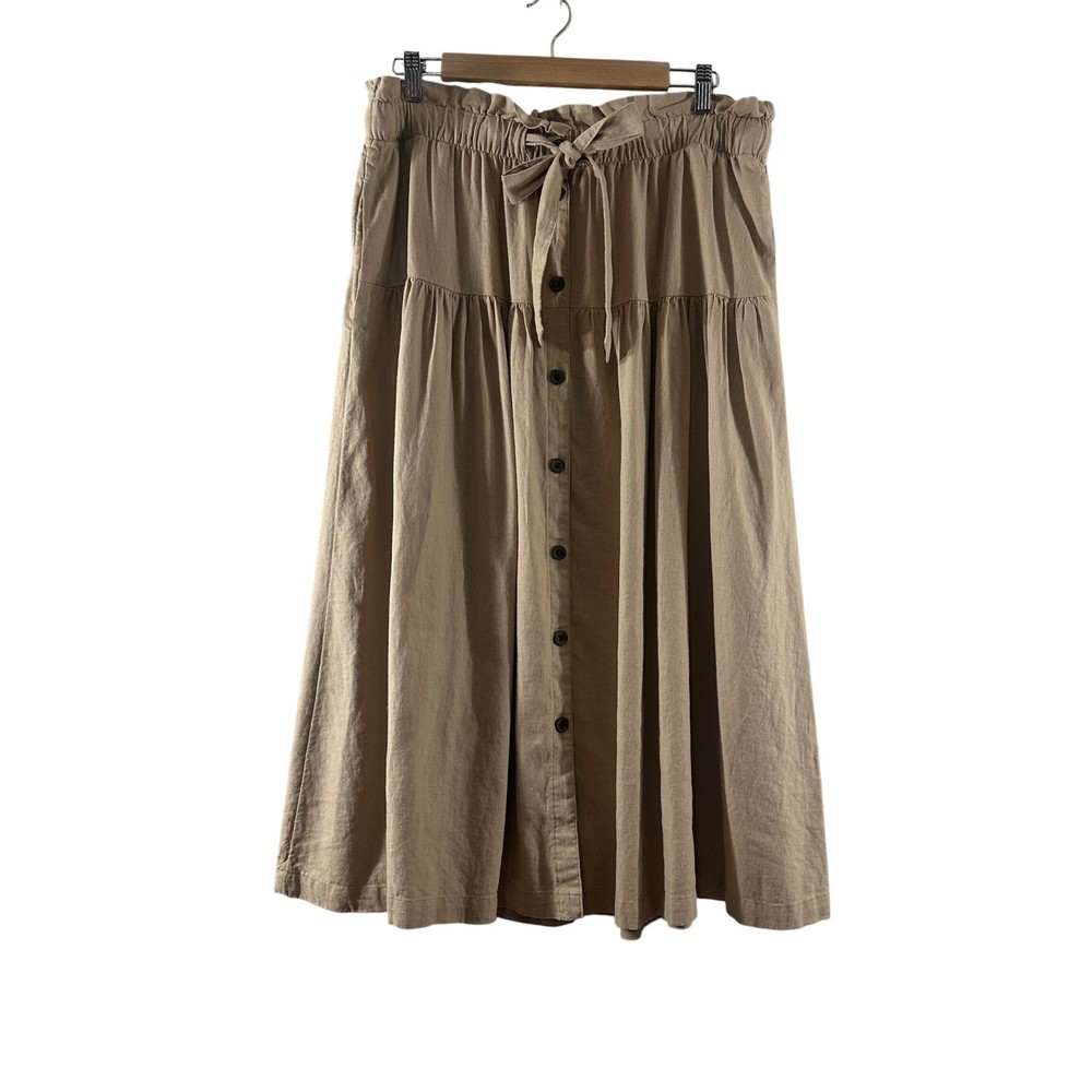 Universal Thread Tan Linen Blend Button Front Paperbag Midi Skirt Pockets Large