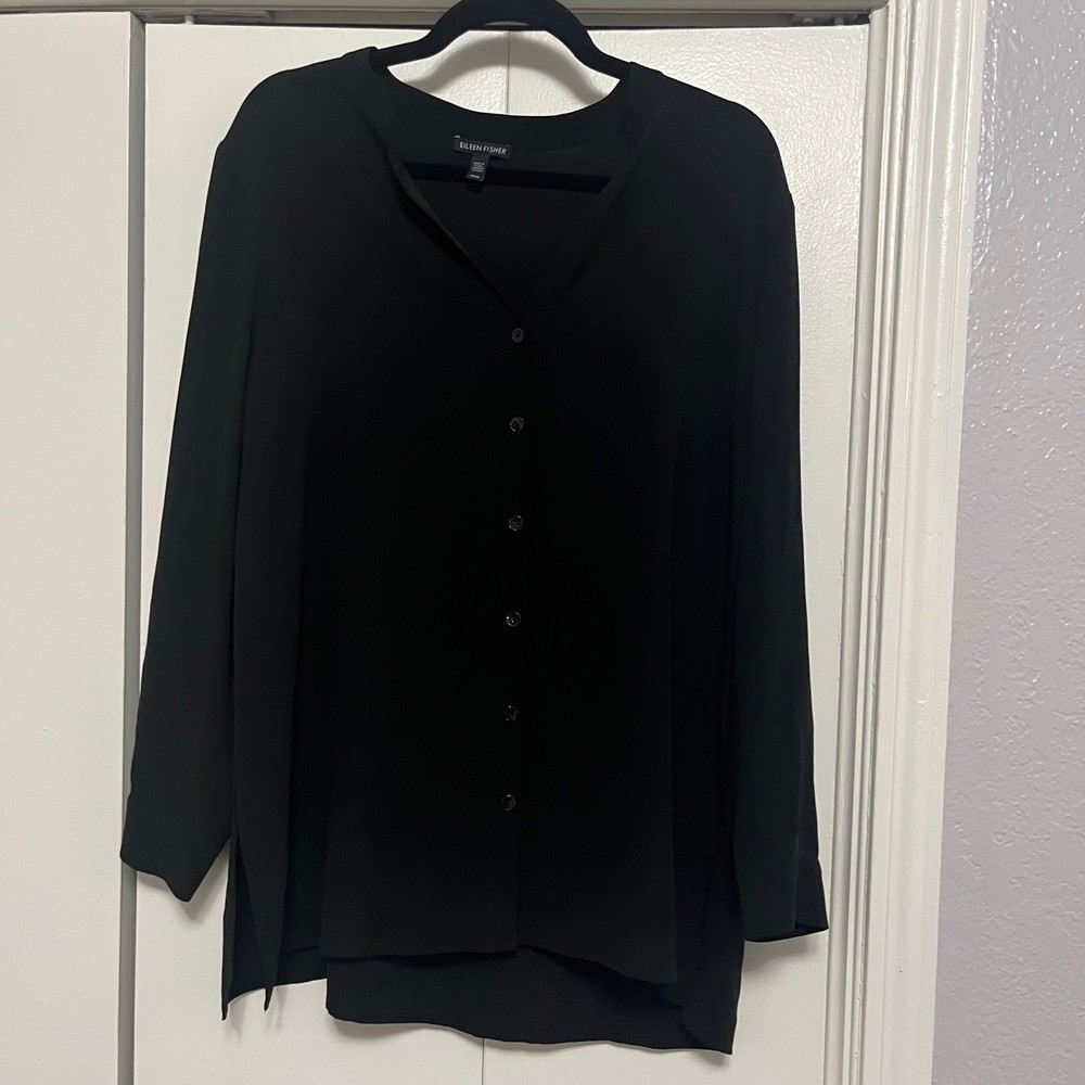 EILEEN FISHER Black Long Sleeve Button Front Tunic Shirt M M