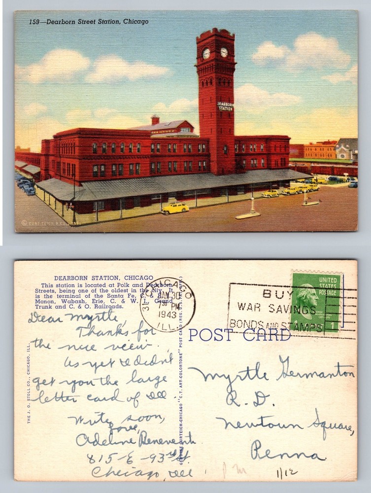 Chicago, IL-Illinois Dearborn Street Train Station c1943 Postal Vintage Postcard