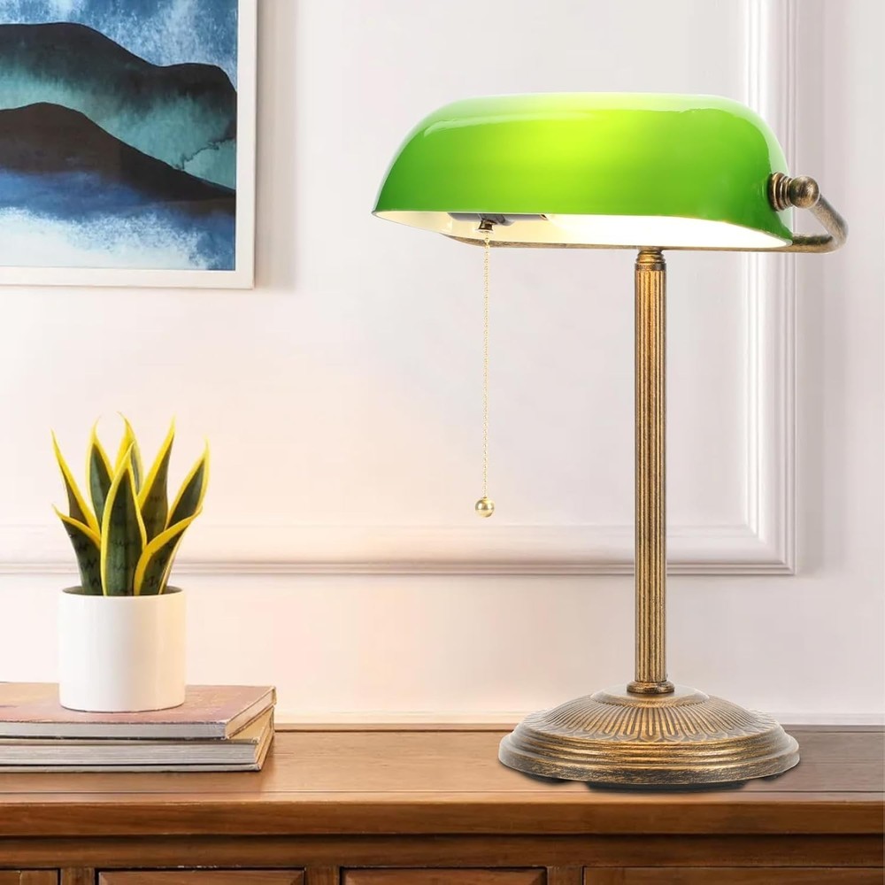 Bankers Desk Lamp Green Glass Shade Vintage Desk Lamp W/ Pull Chain Switch Retro