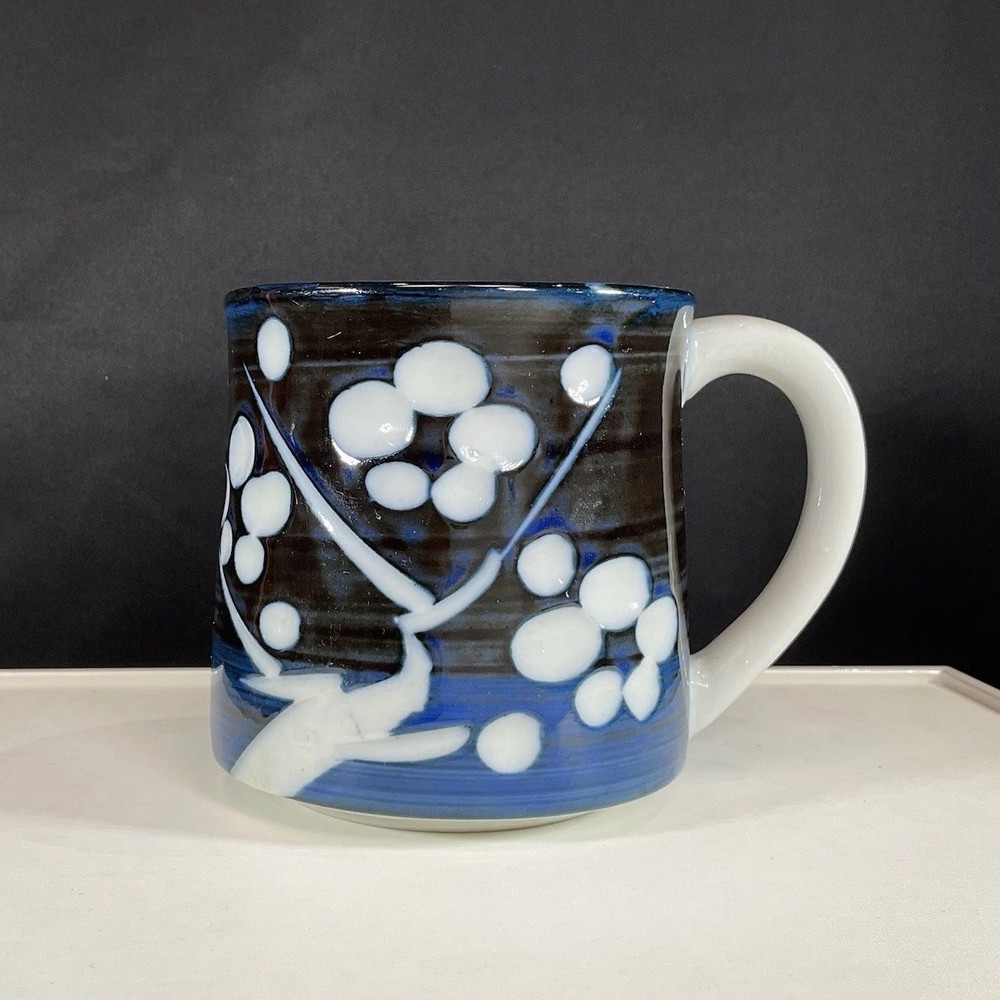 Vintage Blue & White Coffee Tea Cup Mug w/Floral Flower Indent Asian