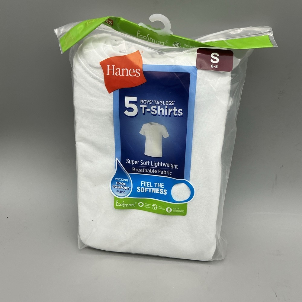 HANES Boys White 5-Pack Tagless Short Sleeve T-Shirts Size Small (6-8) New