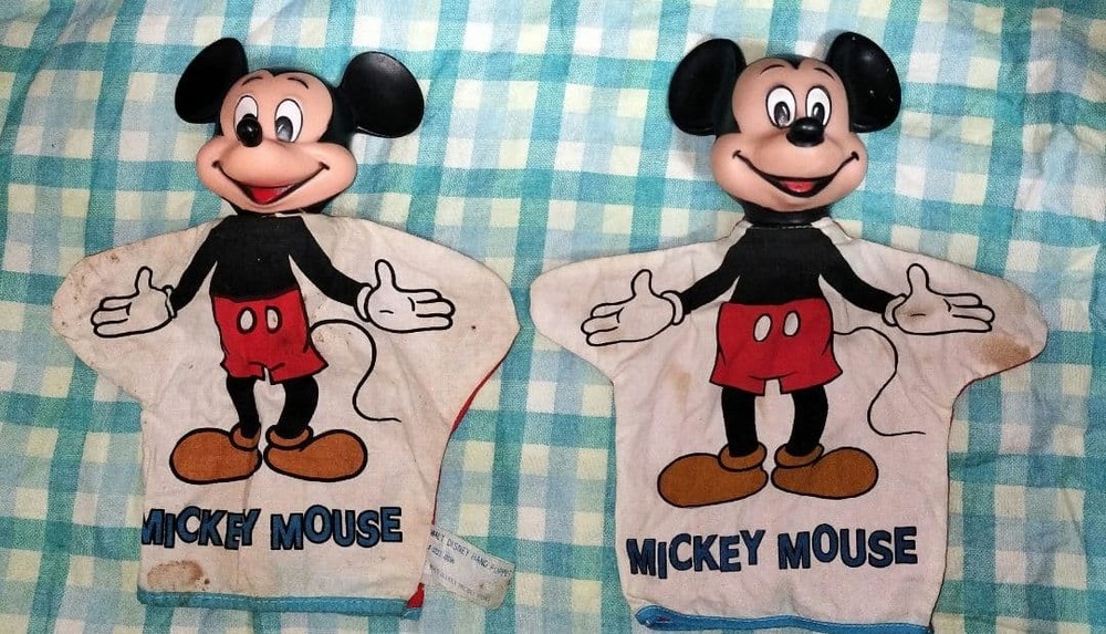Vintage Mickey Mouse Hand Puppets Set, Soft Vinyl Face, Fabric Body, Used