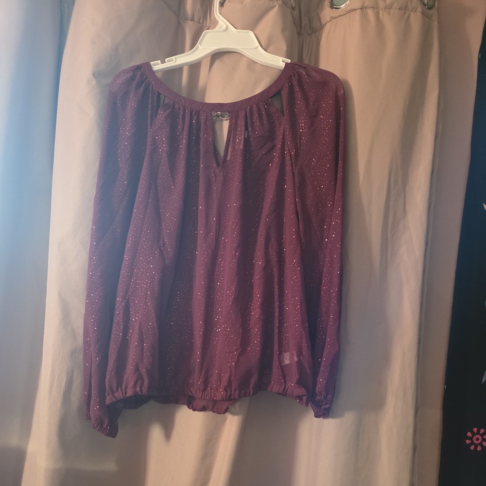 Jennifer Lopez Sheer Burgendy/Glitter  Chiffon Blouse Top 3/4 Sleeve Size  Large