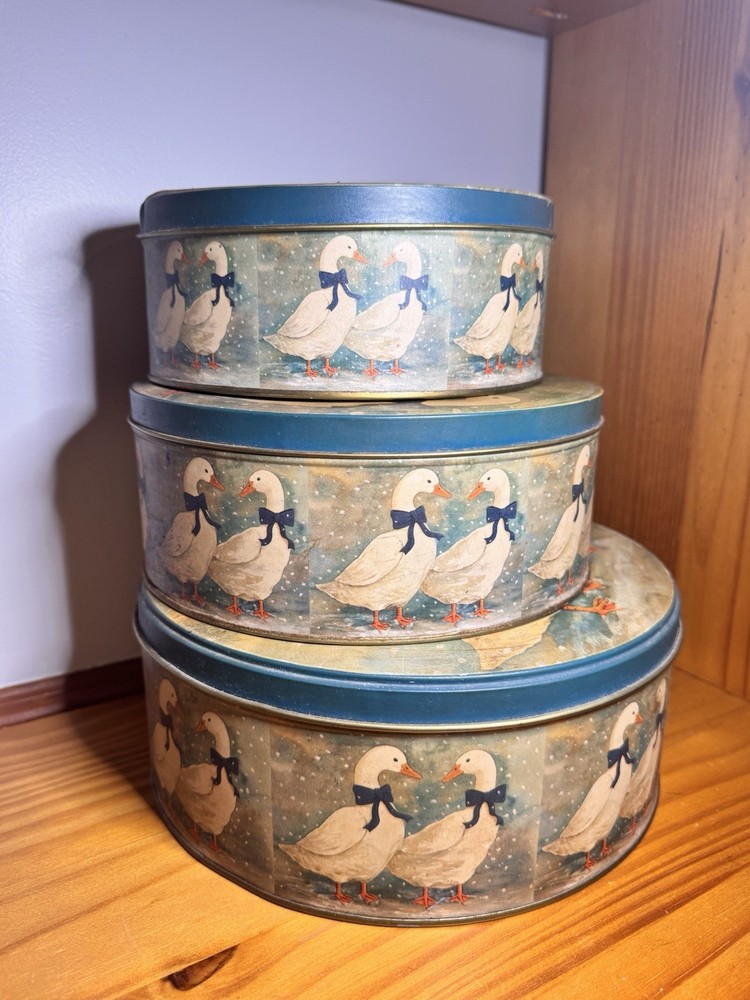 Vintage Country Geese With Blue Ribbon, Nesting Tin Kitchen Canister Set of 3