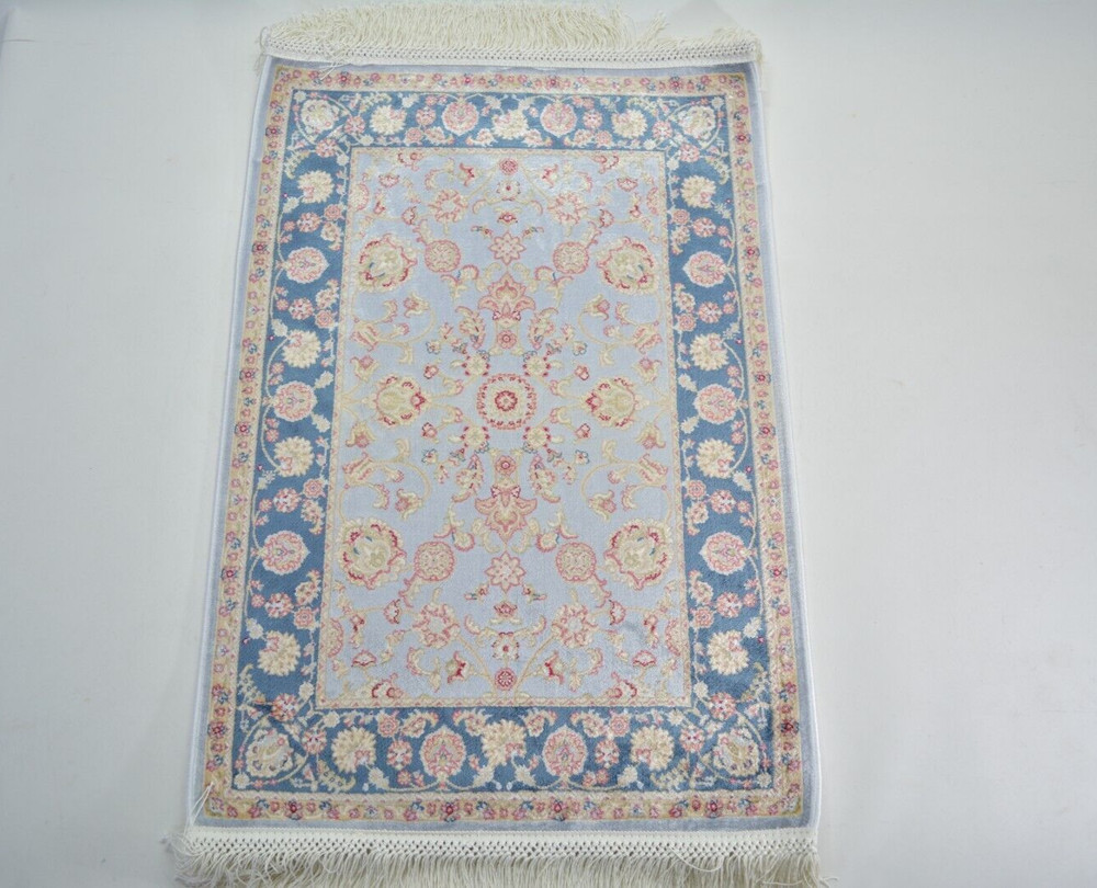Oriental Blue Bamboo Silk Rug, 1.6x2.3ft, Small Blue Silk Rug With Antique Look,