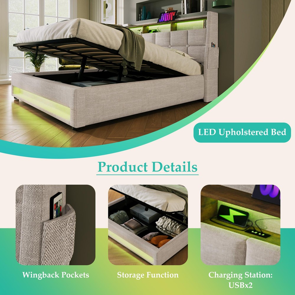 Queen Upholstered Bed with Hydraulic Storage & USB Charging in Natural Fabric  