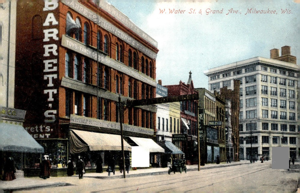 C1910 Barrett's W Water St Grand Ave Milwaukee WI Litho Postcard