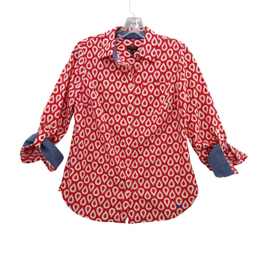 Talbots Button Down Shirt Roll Tab Sleeve Print Cotton Top Red White Size 4