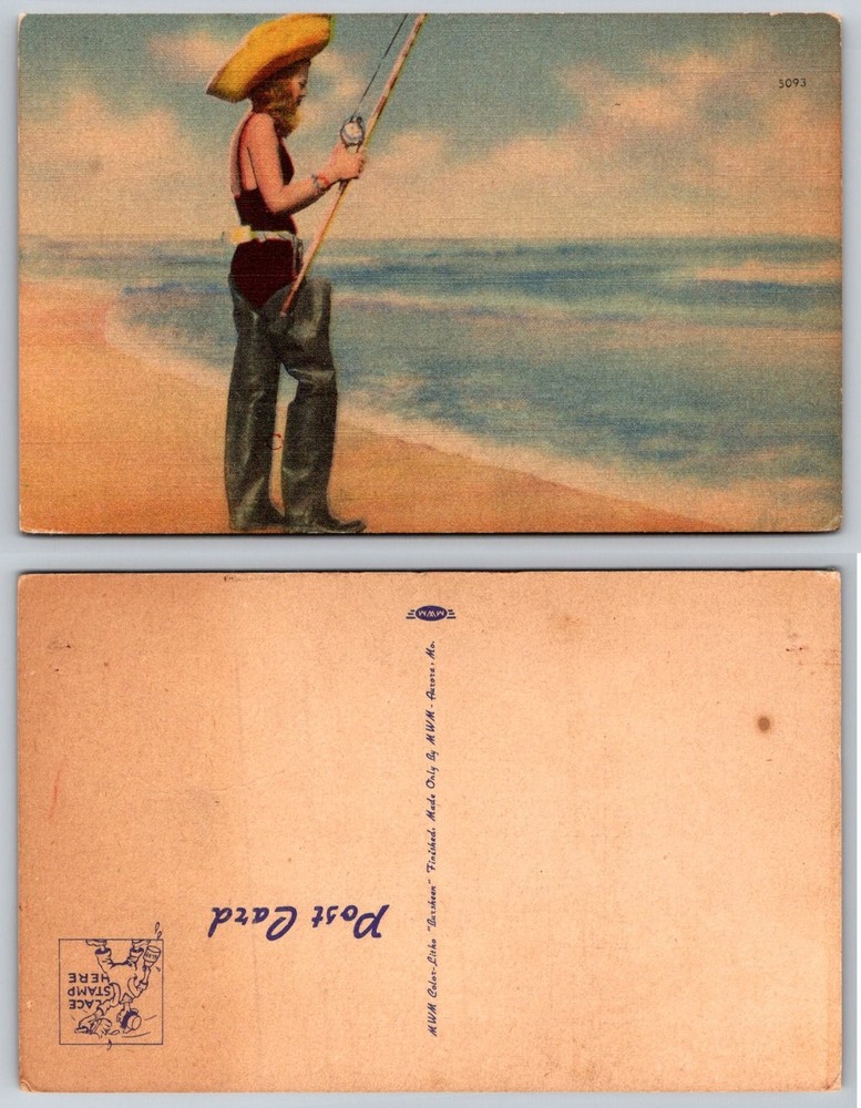 Vintage Linen Postcard Woman Fishing Beach Ocean MWM Larsheen Pin Up