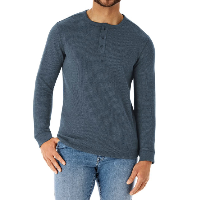 Shirt Blue Thermal Henley Long Sleeve Stretch Men's S By Member's Mark