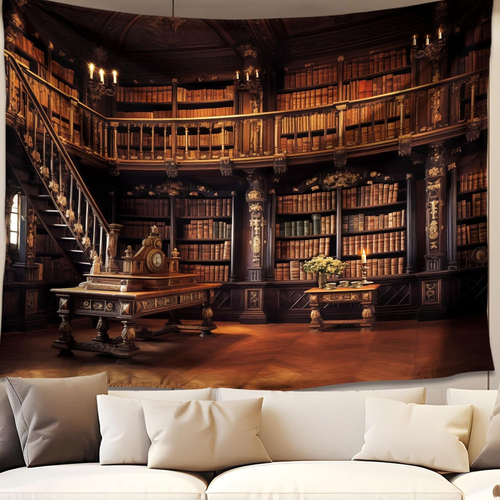 Medieval Bookshelf Tapestry Vintage Library Bookcase Tapestry Wall Hanging Victo