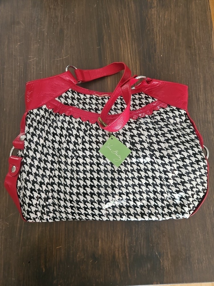 Vera Bradley NWT Black White Red Houndstooth Bridge Tote Deco Daisy Vinyl Frill