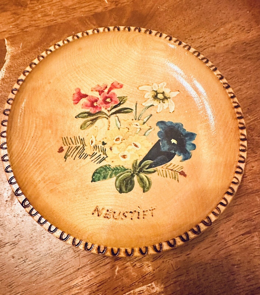 Vintage Hand Painted Wooden Plate Neusstift Austria Floral Decor